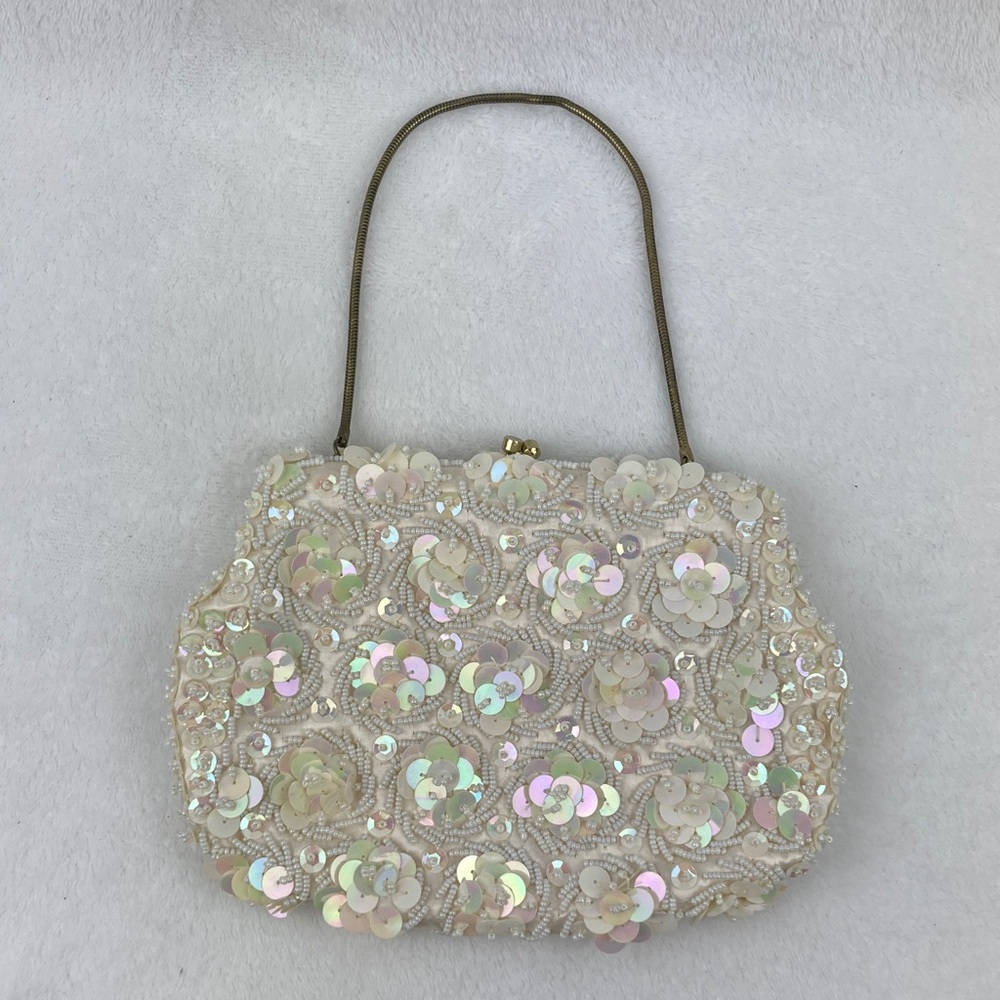 VTG Mister Ernest Elegant Cream Beaded Sequined Women's Evening Bag 8” Hong Kong
